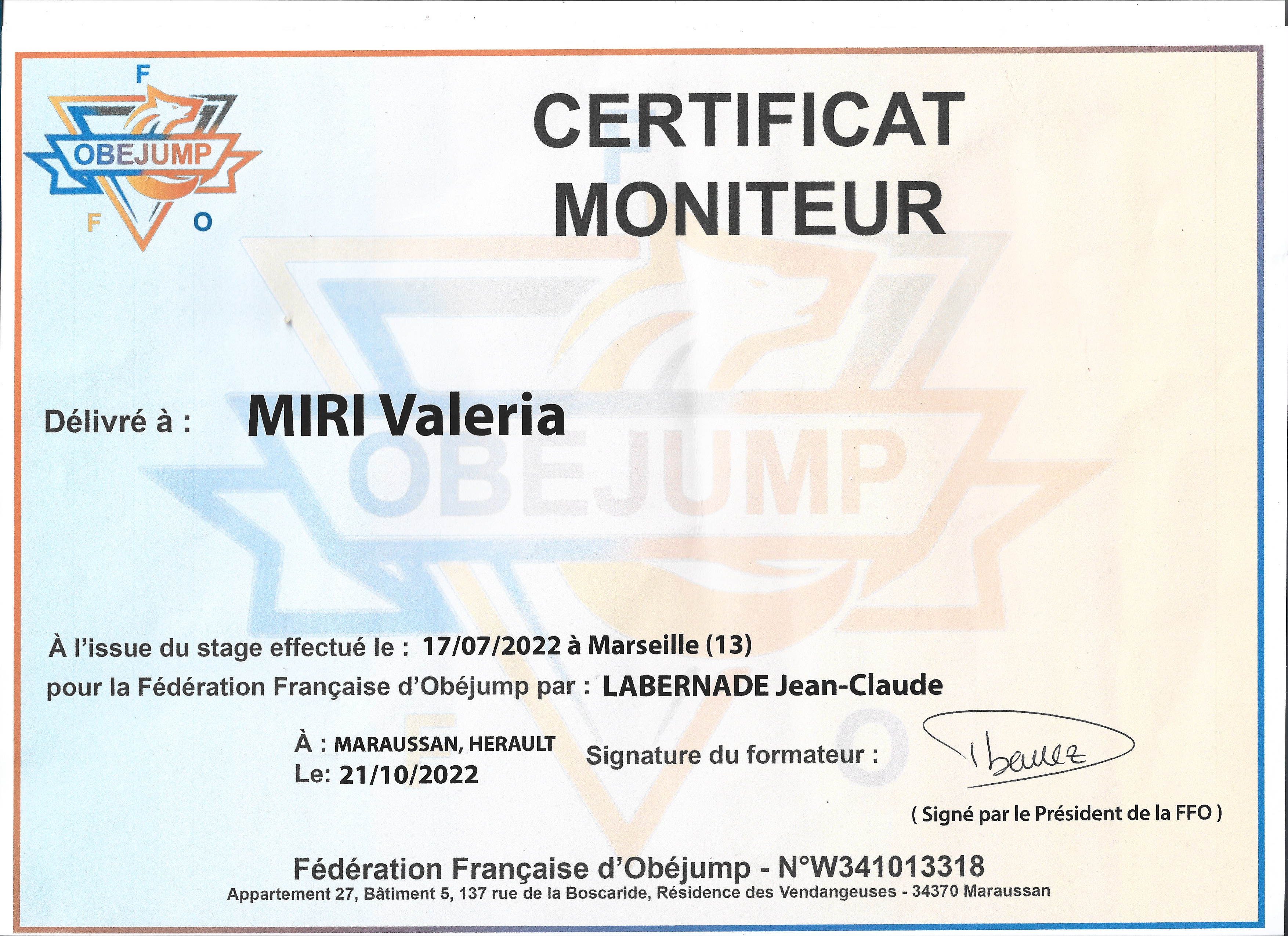 Certif Moniteur Obejump Lilo 2022